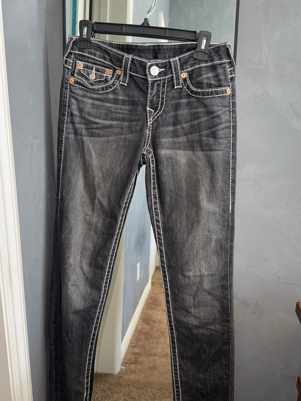 True Religion Black Washed Skinny Jeans with Contrast Stitching